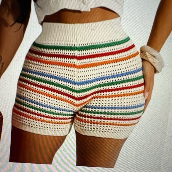 Crochet Knitted Sexy Stripe Button Shorts – 100% Polyester (Size L, New Without - Picture 2 of 7